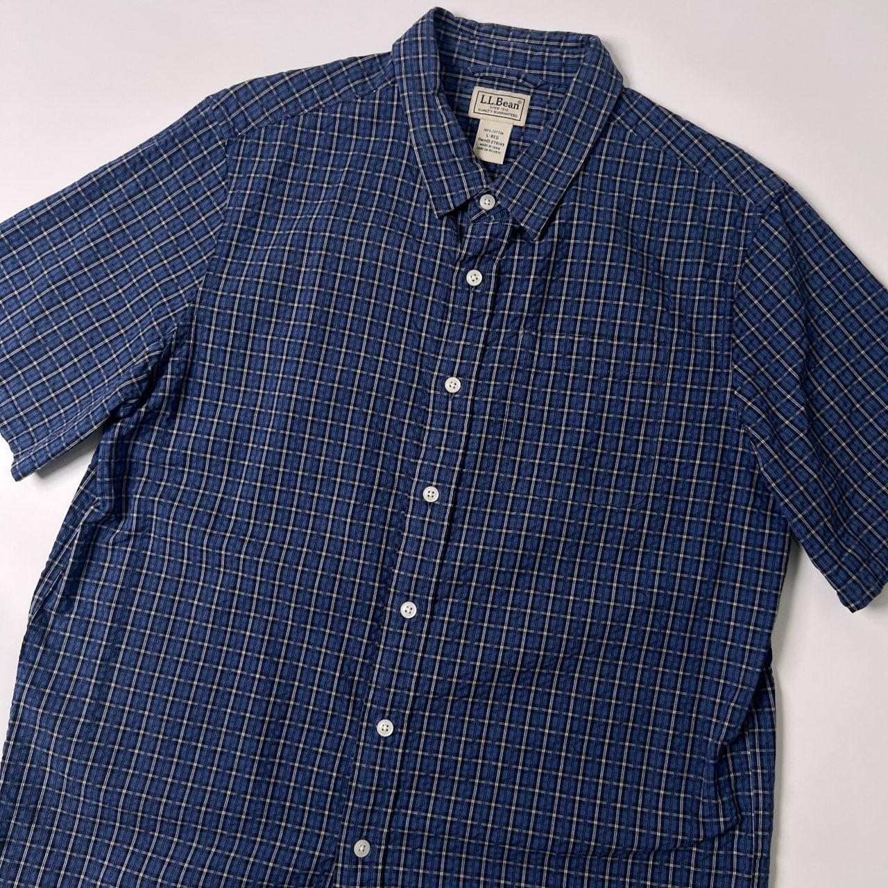 L.L.Bean エルエルビーン チェック柄 シアサッカー 半袖シャツ L-REG/ブルー/カナダ製