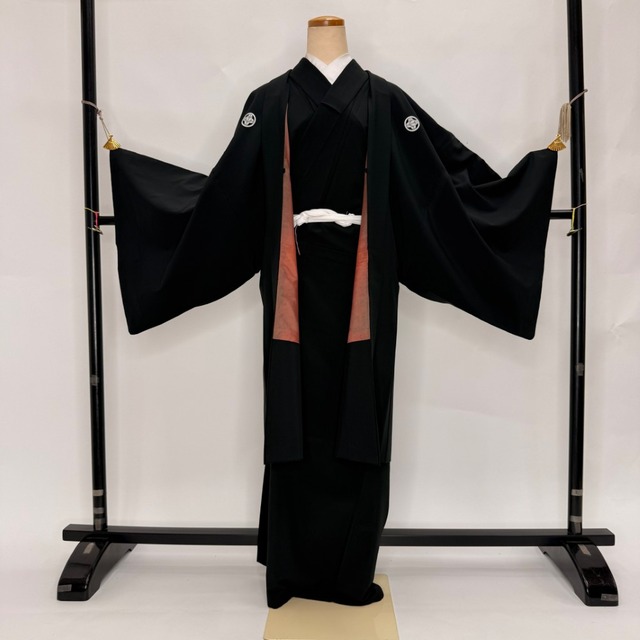 男紋付 男着物 黒紋付 ポリエステル 羽織 長着 裄75cm 2L size 黒 五つ紋 中古 成人式 舞台衣装  6361