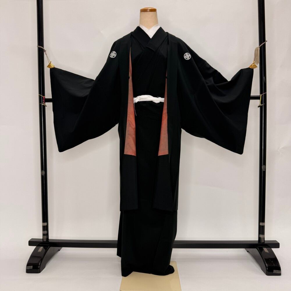 男紋付 男着物 黒紋付 ポリエステル 羽織 長着 裄75cm 2L size 黒 五つ紋 中古 成人式 舞台衣装 6361