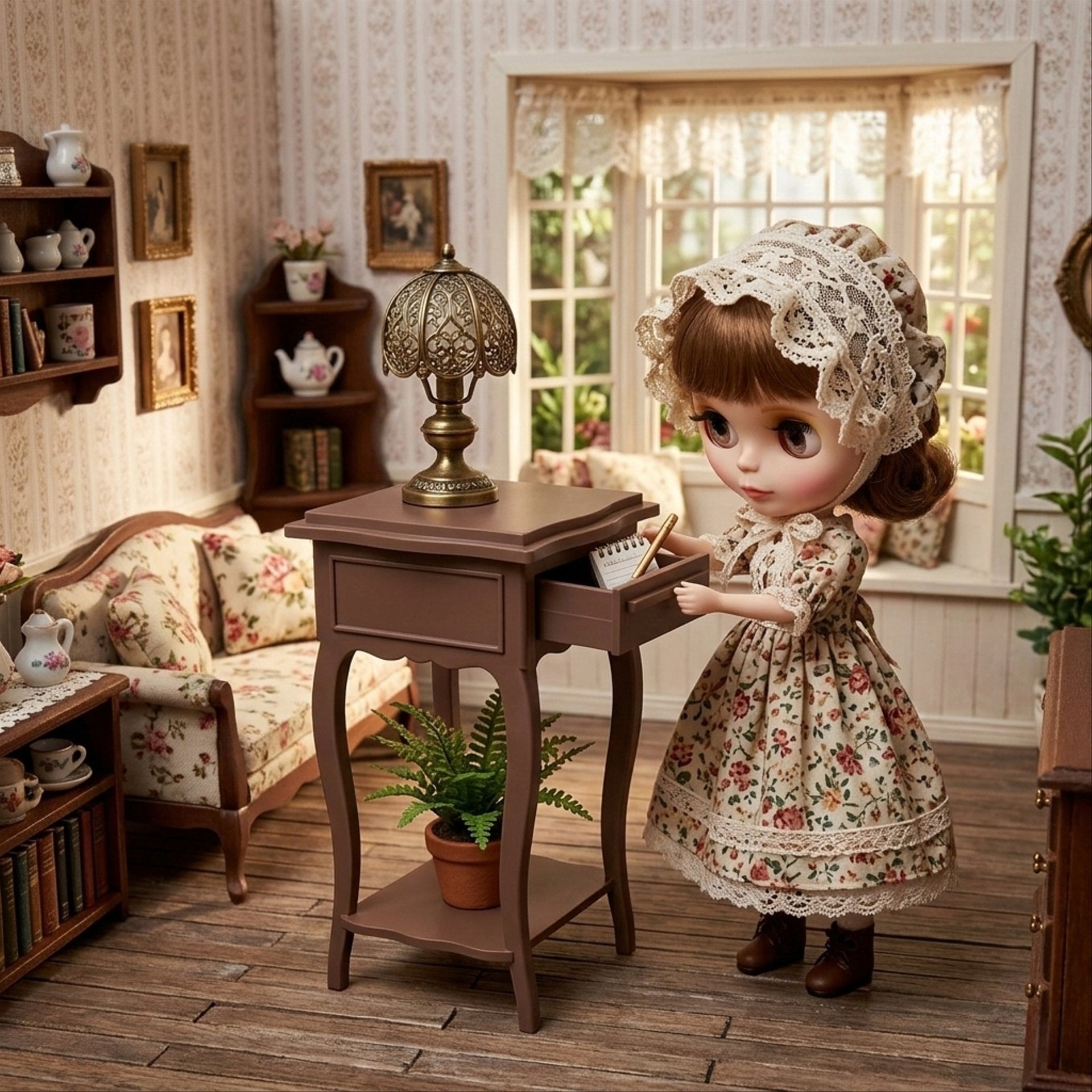 ドールハウス1/6サイズ　アンティーク部屋&小物 サイドテーブル ブラウン 1/6 ドールハウス ミニチュア ハンドメイド
