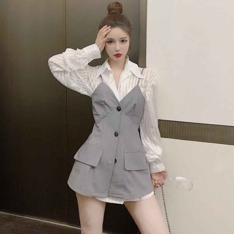 ルーズストライプ長袖スリーブシャツ ロング ストリート ハンチェンe38626453728