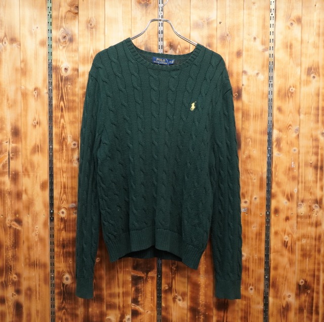 ralphlauren コットン ケーブルニット L/ラルフローレン グリーン