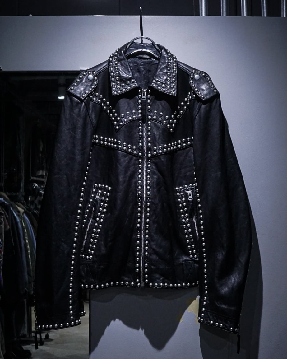 add (C) vintage】Studs Decoration Vintage Zip Up Leather Jacket