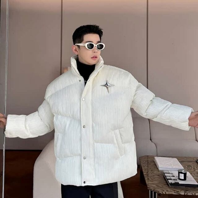 【予約販売】ダウンジャケット メンズ 無地 しわ加工 ホワイト アウター ショート丈 防寒 お洒落 こなれ感 ベーシック 秋冬 大きいサイズ M/L/XL