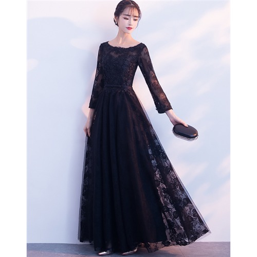 演奏会ドレス ロングドレス 大きいサイズ 2XL 長袖 ロングスカート Uネック エレガント Aラインスカート イブニングドレス お呼ばれ ブラック 結婚式 フォーマル 演奏会ドレス ロングドレス