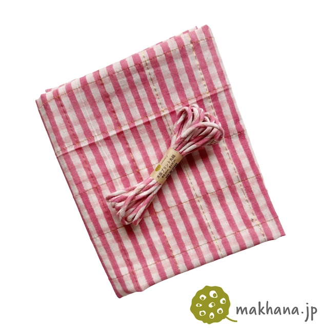 巾広 金糸入り インド産ハンドブロックプリント生地＆丸紐のセット（生地1m＋丸紐2m） NHB255Bピンク