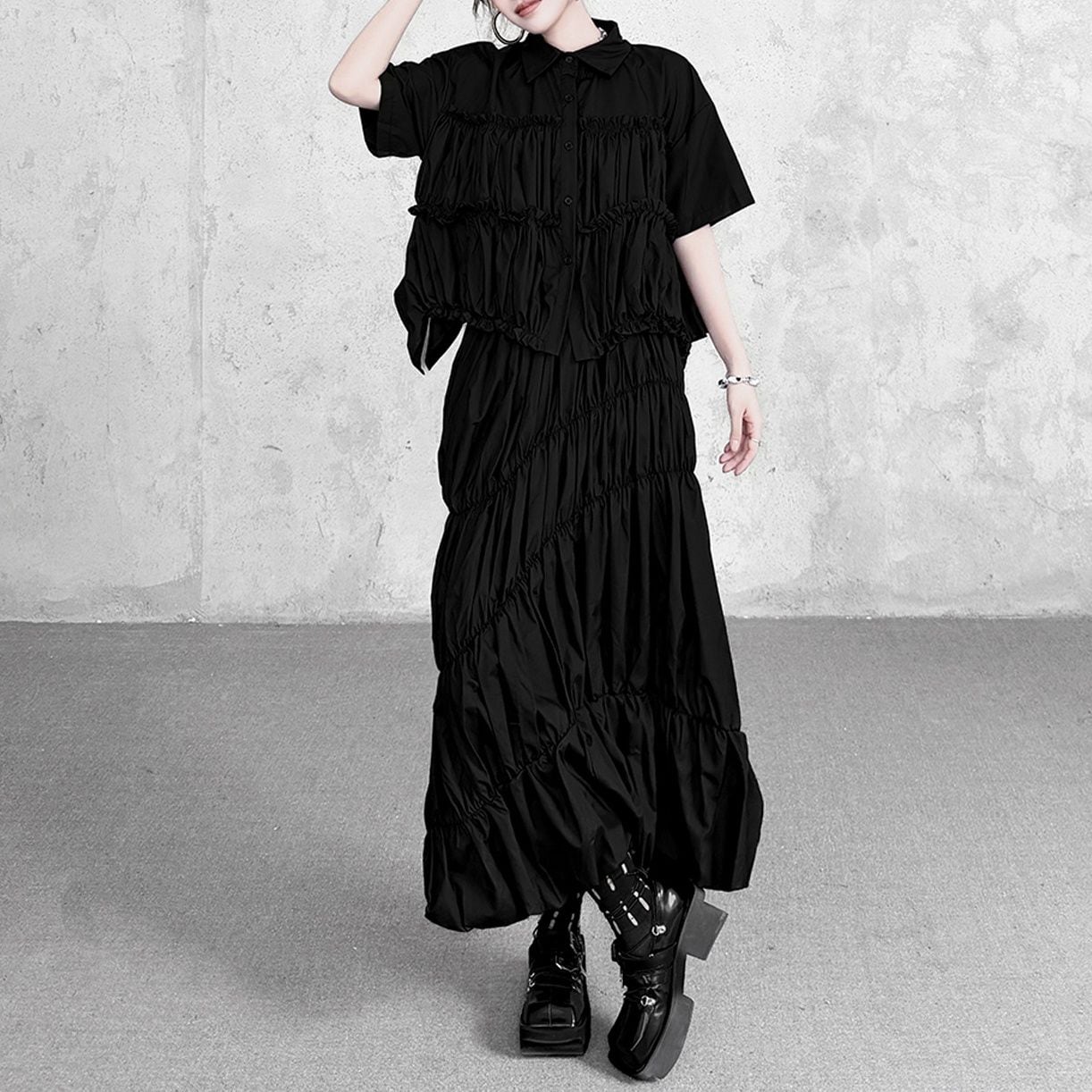 RUFFLED ASYM SHIRT AND GATHERED SKIRT SETUP M-17841