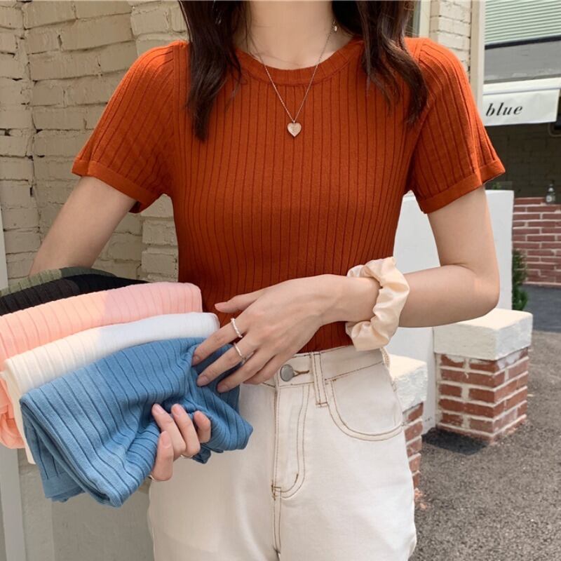 サマースタイルソリッド カラーラウンドネックセーター 薄手ブラウス レディース 夏物 Oネック ソリッドカラー ハンチェンe5662471003