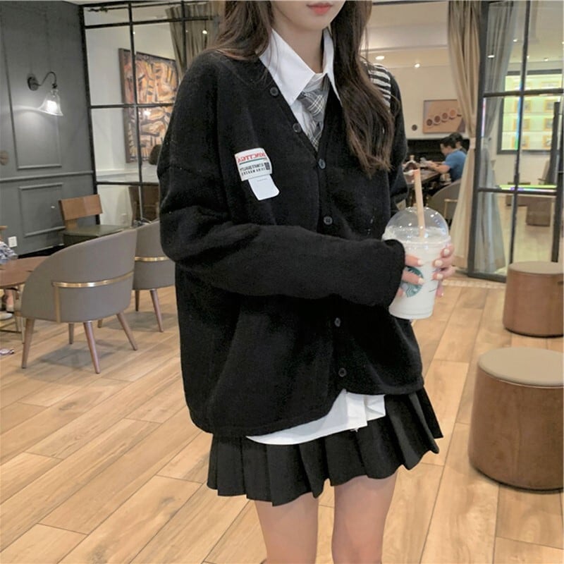 スクールガール風 セット 3点セット ネクタイ付き シャツ ニットカーディガン プリーツスカート 制服風 学生 ゆったり かわいい Lamitte Deco トレンド 韓国ファッション ショップ Base店