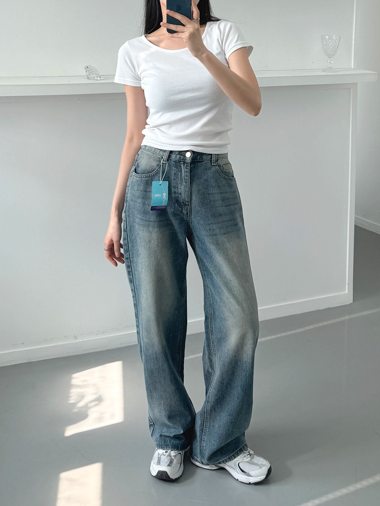 ワイドフィットデニム　ウォッシャブルジーンズ　ボゴムウエスト　ライトカラー