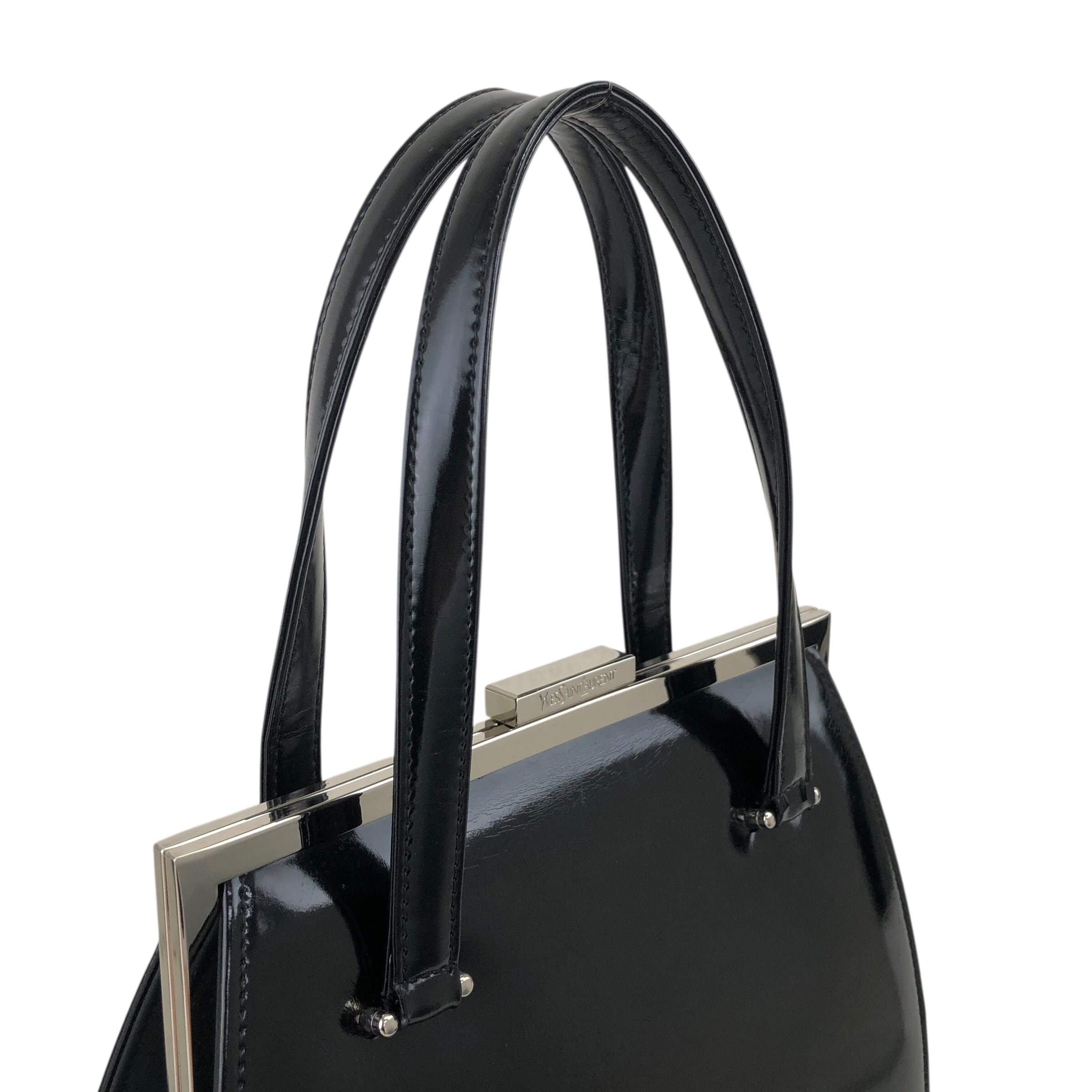 希少　イヴサンローラン　がま口　ベルベットハンドル　ハンドバッグ　ヴィンテージ Yves Saint Laurent イヴ・サンローラン ハンドバッグ ブラック レザー