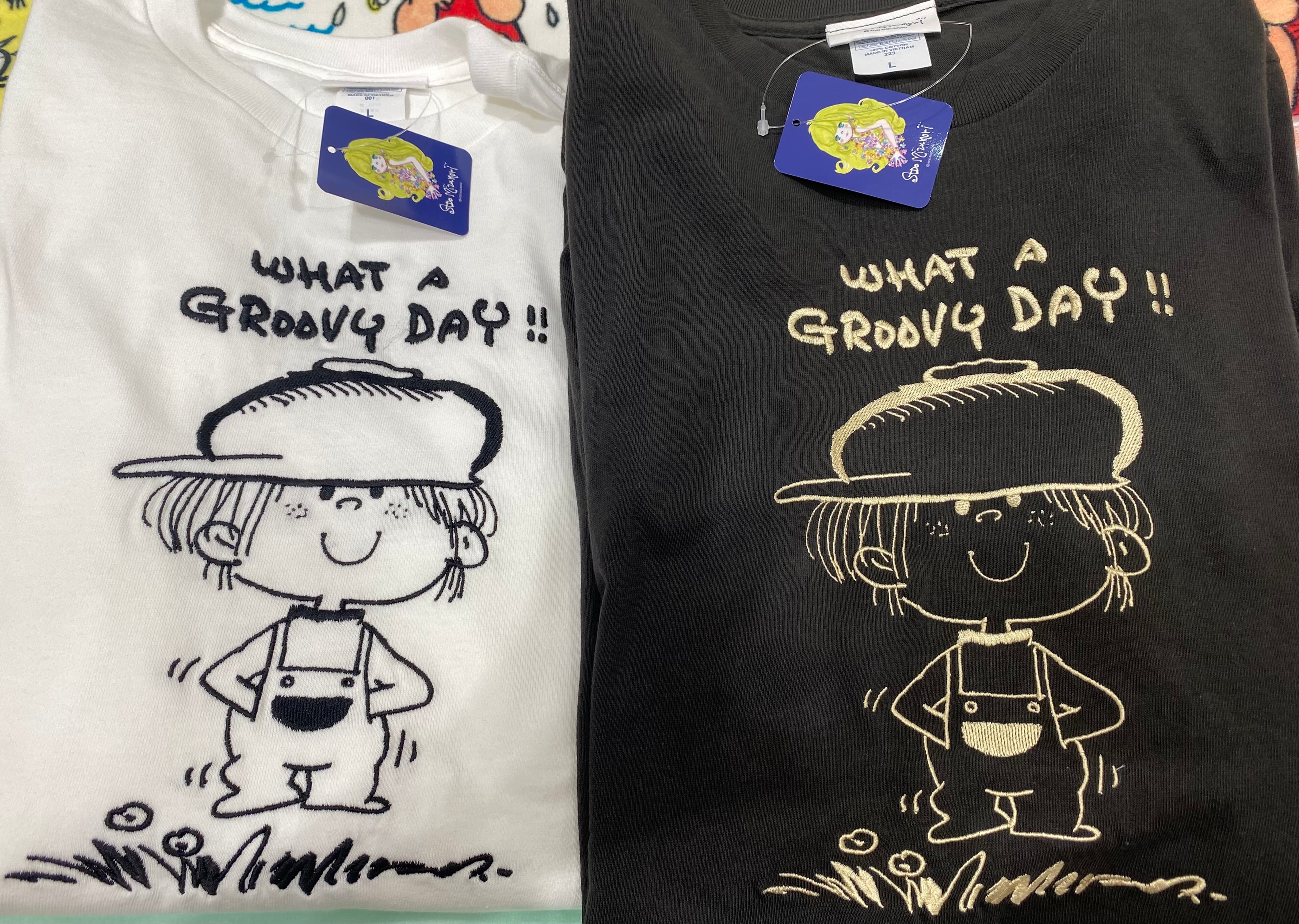 水森亜土 刺繍ロングスリーブTシャツ オトコノコ スモークブラック 長袖 アパレル 水森亜土 刺繍ロングスリーブTシャツ オトコノコ スモークブラック