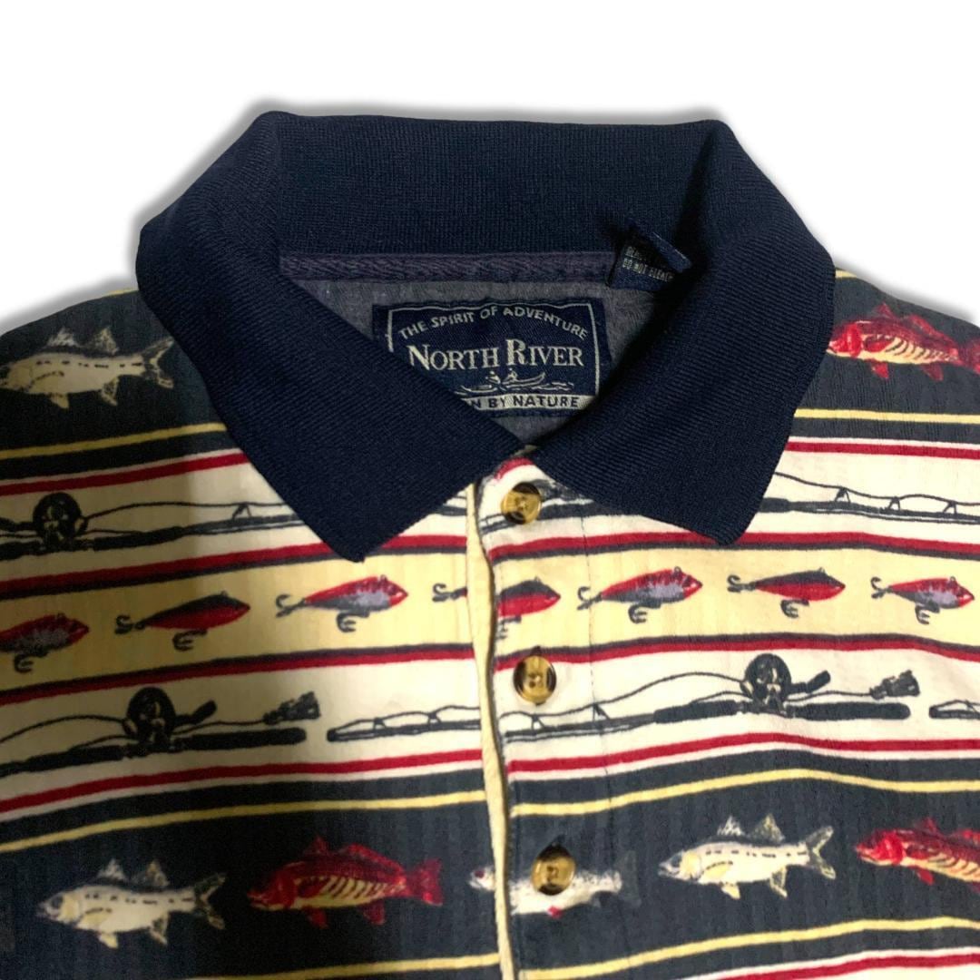 90s ノースリバー お魚柄 ボーダー ポロシャツ L North River Polo 総