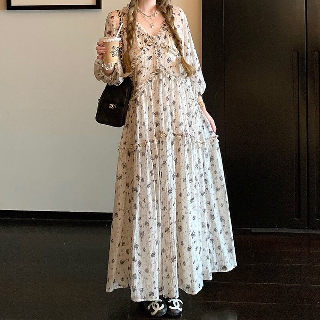 Floral shirring long dress　M022