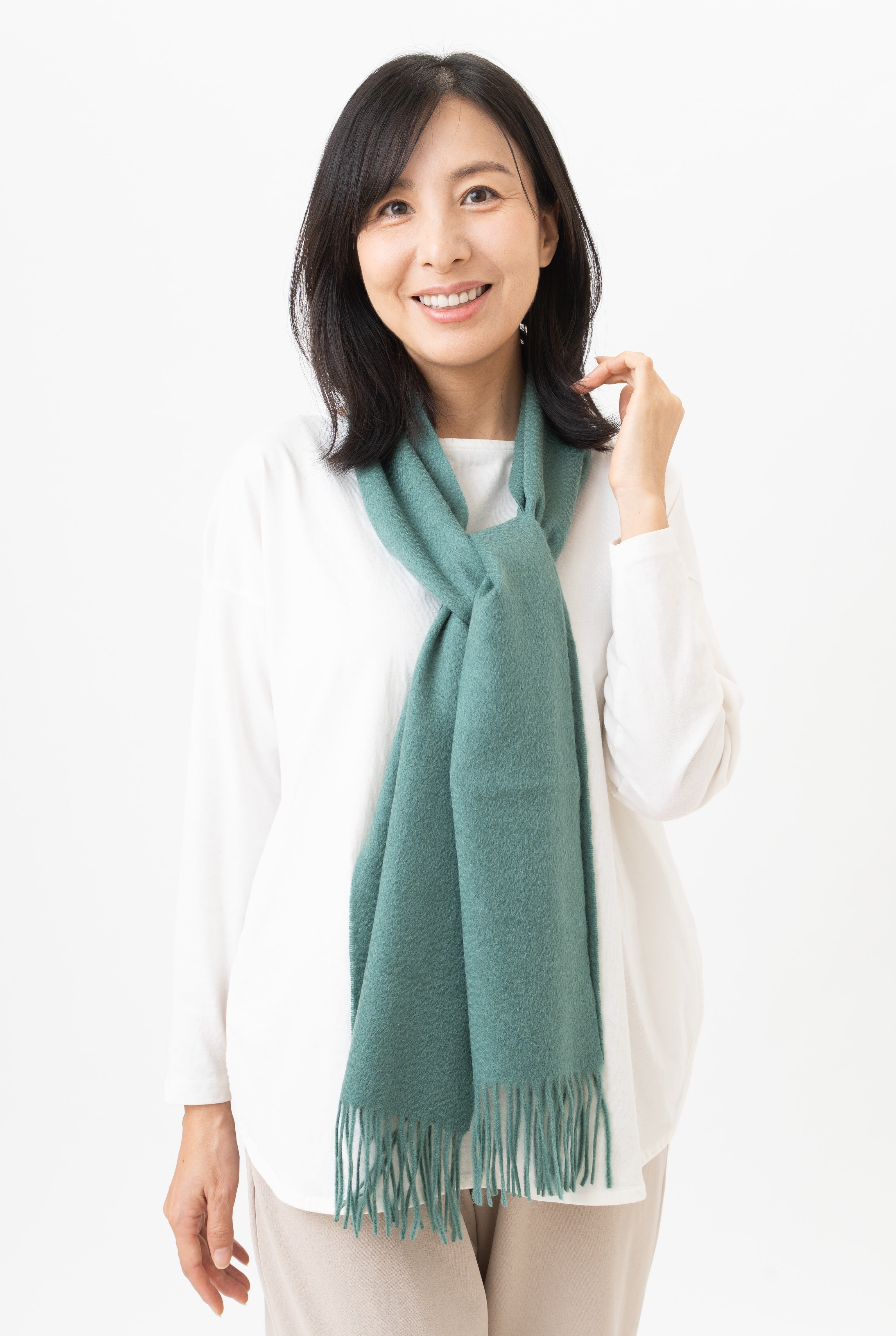カシミヤ100%レギュラーマフラー Hirano - ヒラノ/ターコイズグリーン 幅30cm×縦164cm(本体部分)+8cm×2(房部分)