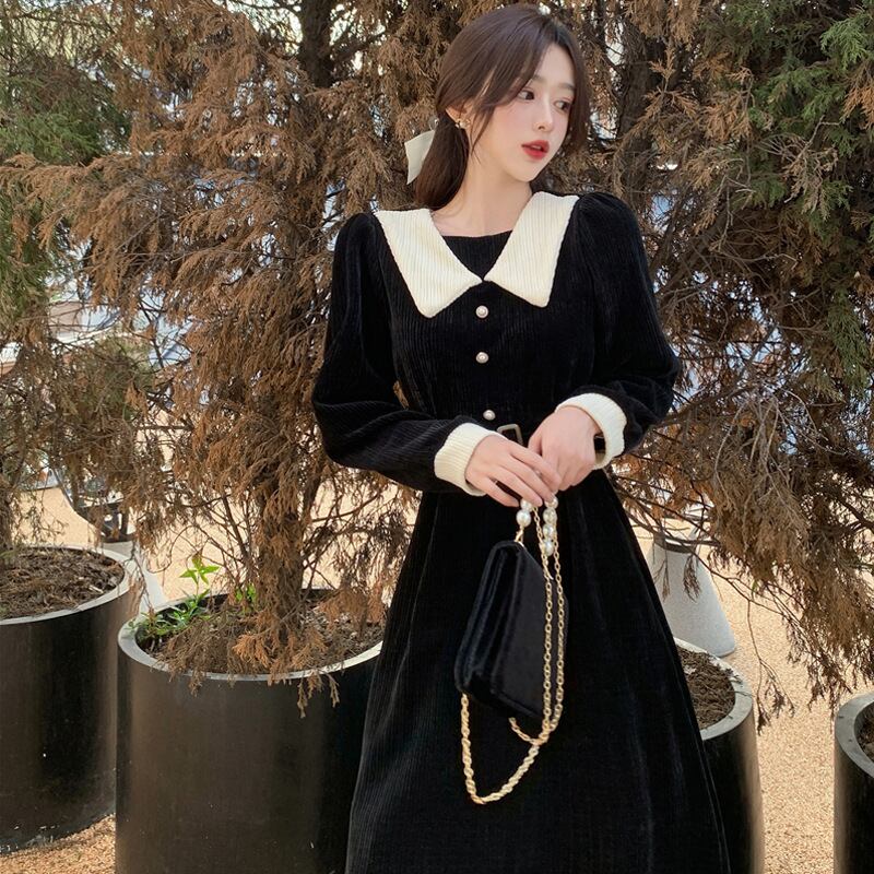 【新作】【送料無料】 冬の婦人服、レディライクな新しいスタイル、人形の襟、スプライスされた長袖、ベルト、ウエストカバー、スリムフィットドレス 0255189942880