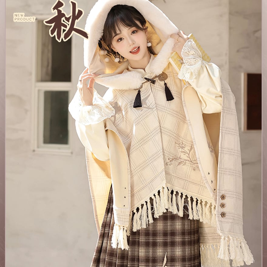 サブカル 天使と悪魔 クラロリ 森ガール フード付き ケープ ポンチョ風 タッセル 秋冬コーデ