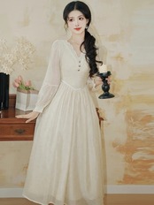 【0114】V-neck Lace Button Long Sleeve Dress