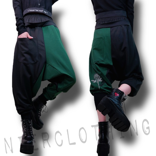 前後2WAY BICOLOR SARROUEL PANTS【DARK GREEN×BLACK】