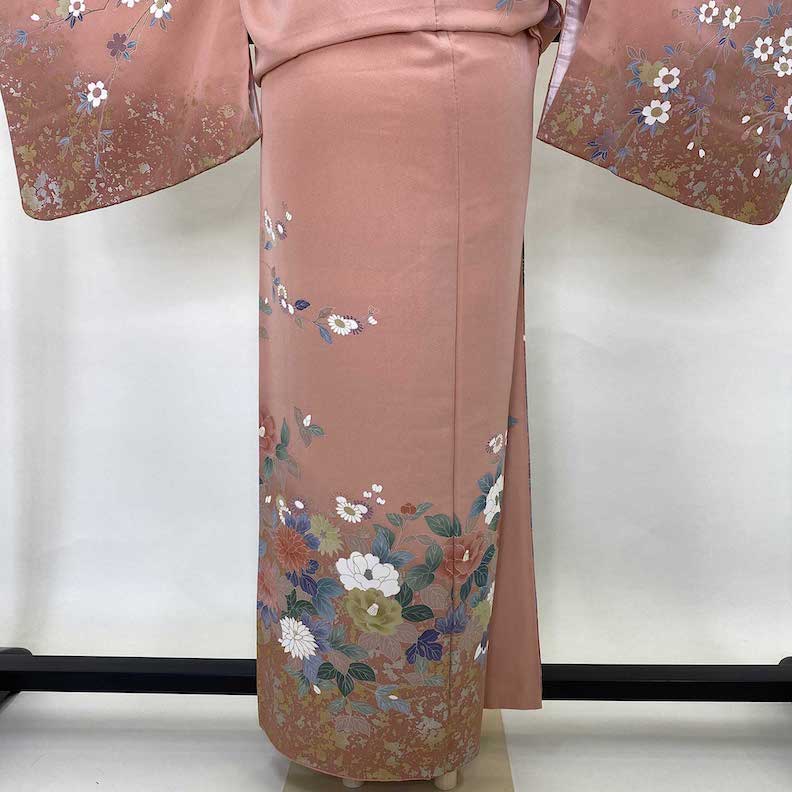 付け下げ 訪問着 中古 古典柄 花柄 薄い緑 緑 松 菊 裄65.5 