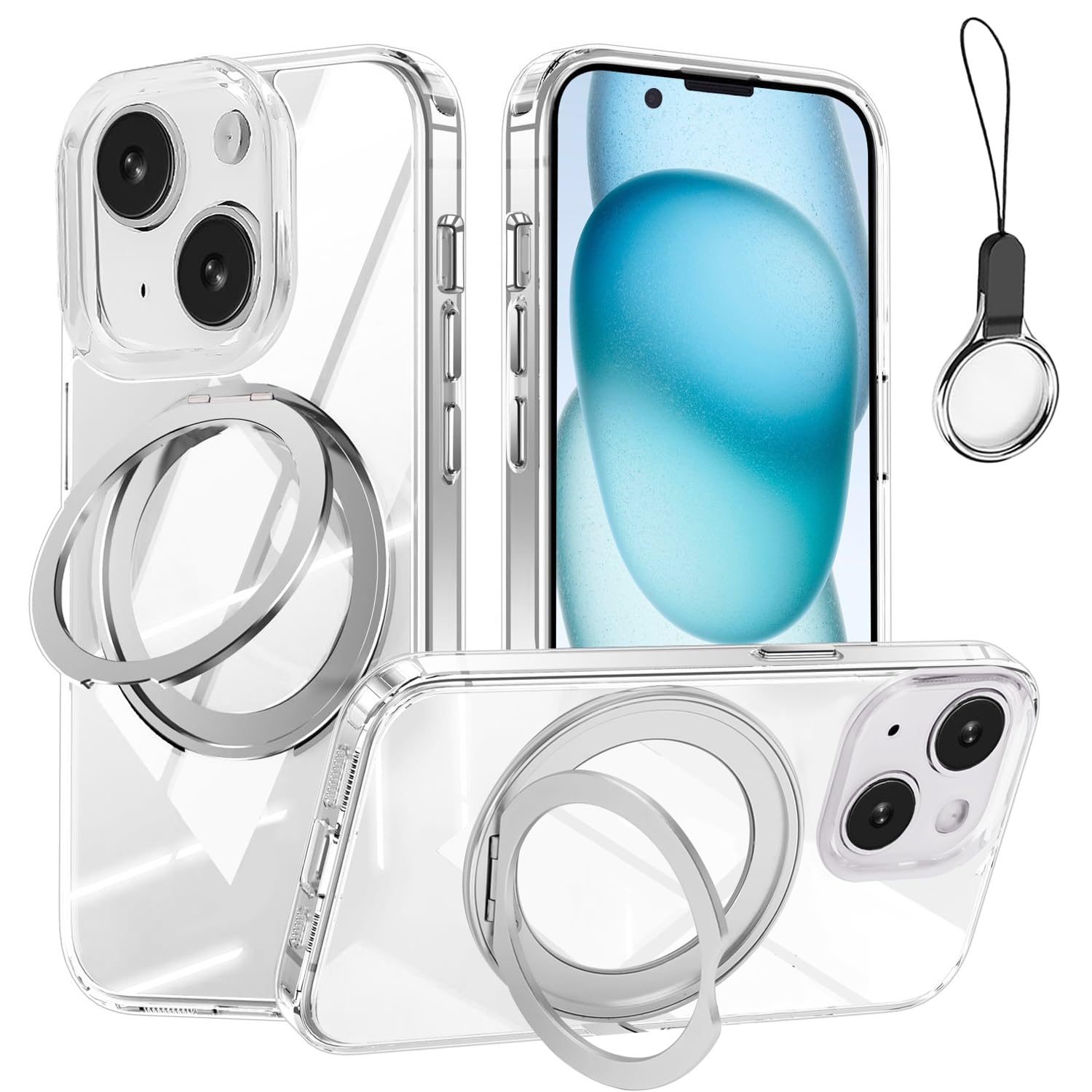 iPhone 13 Mini 用 ケース【360°回転可能な Magsafeリングスタンド ホルダー 一体型・ストラップ1種付き】アイフォン13 ミニカバー スタンド機能 HILEGENER スマホケース 耐衝撃 あいほん13 Mini 透明TPUケース マグネット搭載 車載ホルダー対応 クリア
