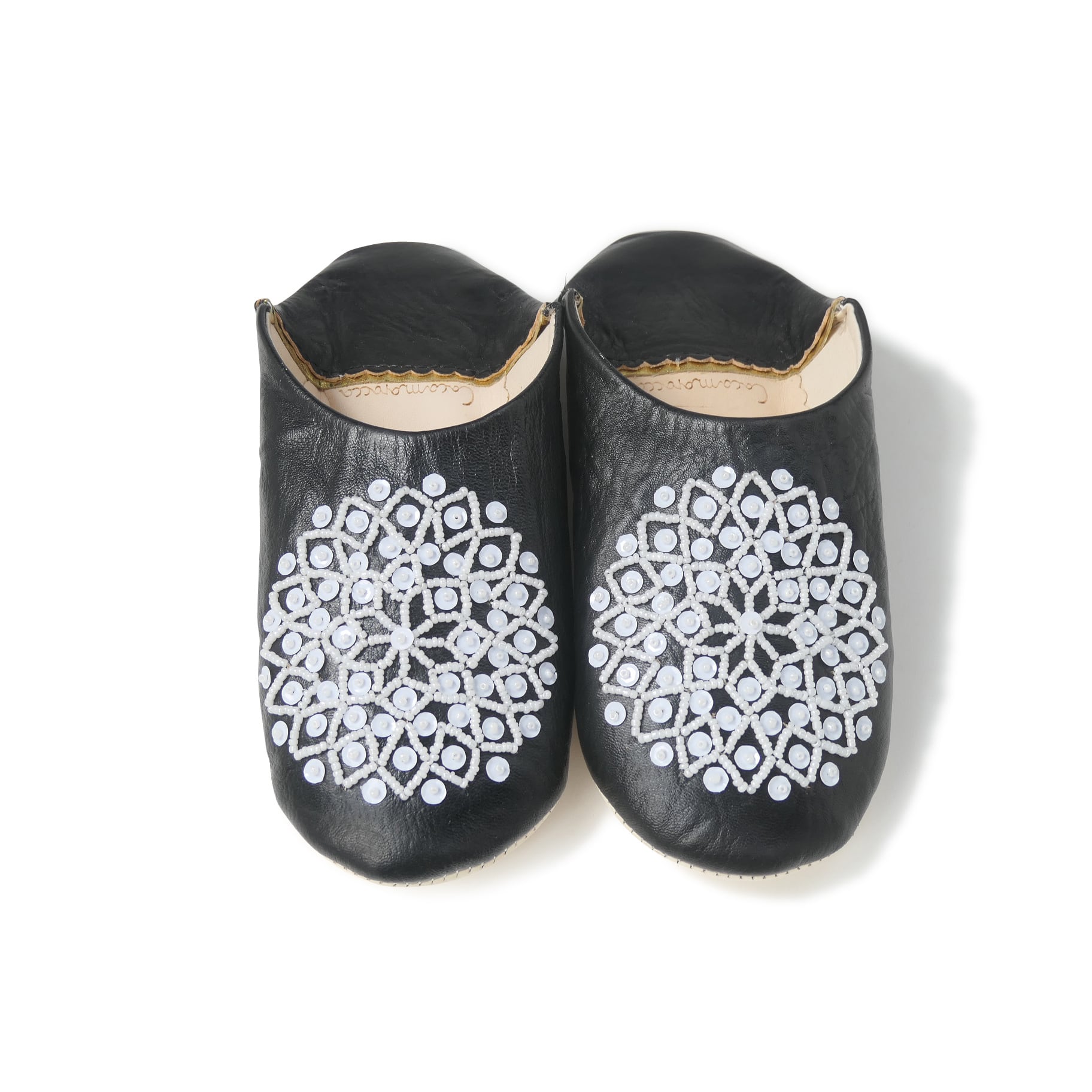受注生産 ブラック(ホワイト スパンコール) レザー バブーシュ スリッパ