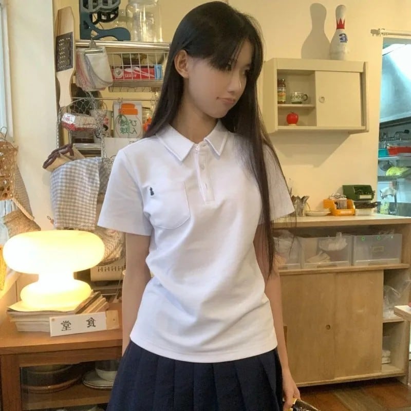 レディース 刺繍 ポロ襟 半袖Tシャツ 無地 スリム JK プレッピー 夏