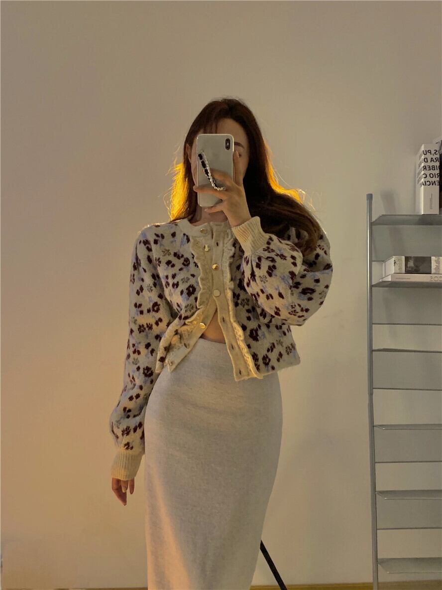 スタンダードジャカードニットセーター カーディガンジャケット レディースオータムウィンタールーズショート長袖スリーブトップス ロング レトロ 秋物 冬物 ブラックストロベリース84508211222