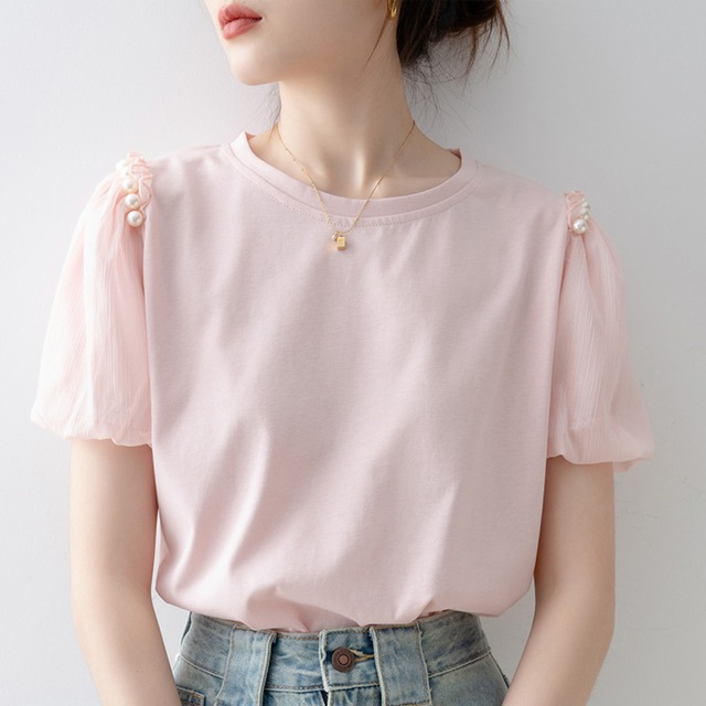 パール シフォン ランタンスリーブ 半袖 カットソー ピンク 250519