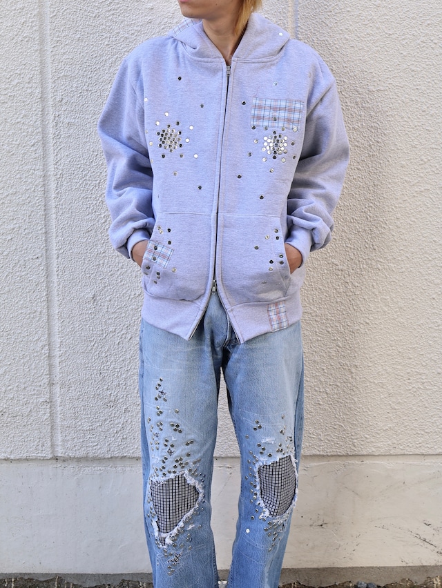 【Hannah Creak/26aw】Studded Hoodie Double Zip Grey