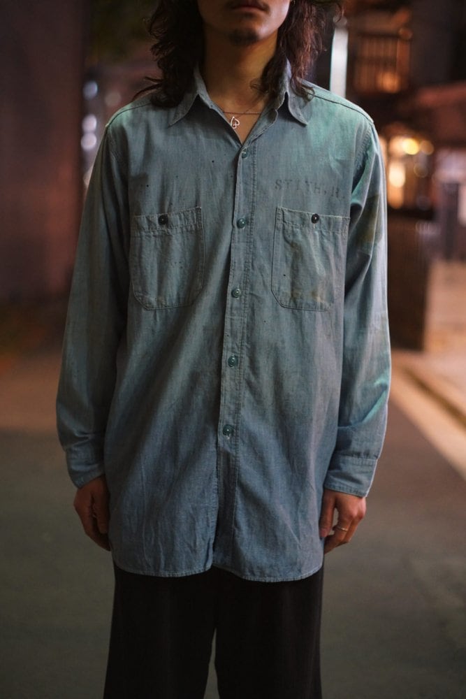 US NAVY] Chambray shirt with gusset [40s ~ 50s] Vintage Chambray