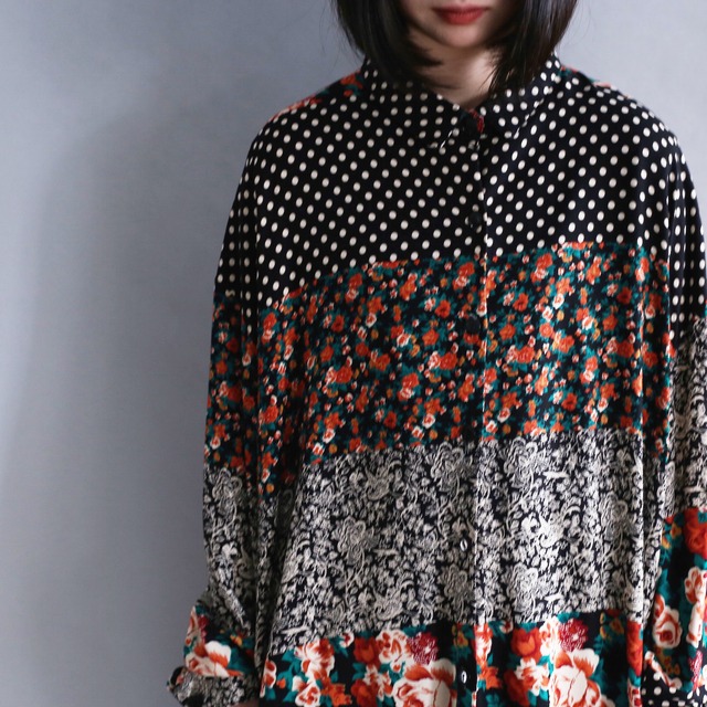 flower and dot crazy pattern l/s rayon shirt