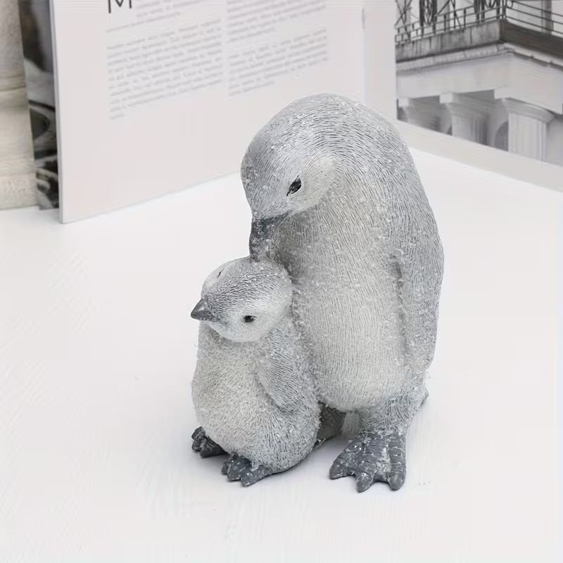 置物 オブジェ ペンギンの親子 グリッター シルバーグレー リアル