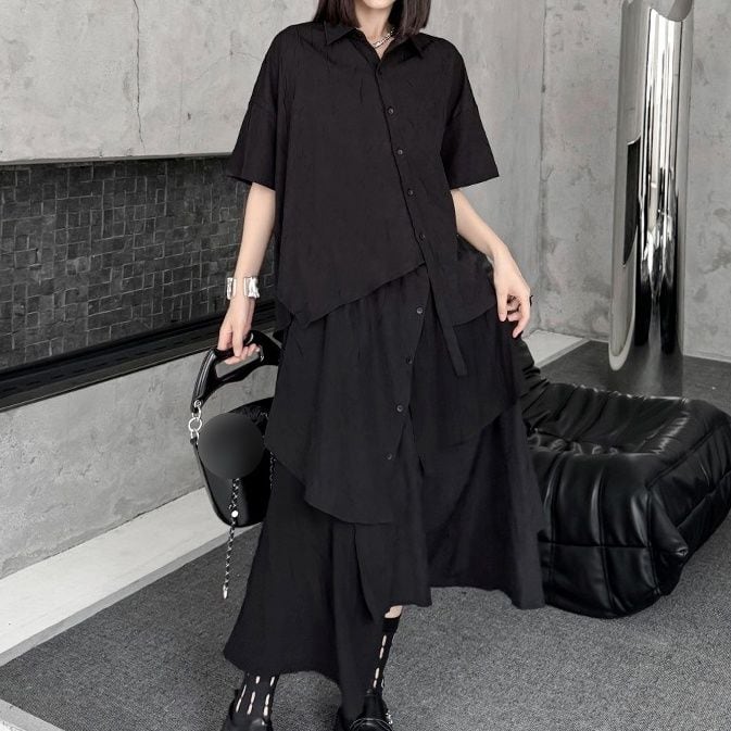 BLACK ASYMMETRIC DESIGN SHIRT & A-LINE SKIRT 1color M-13969