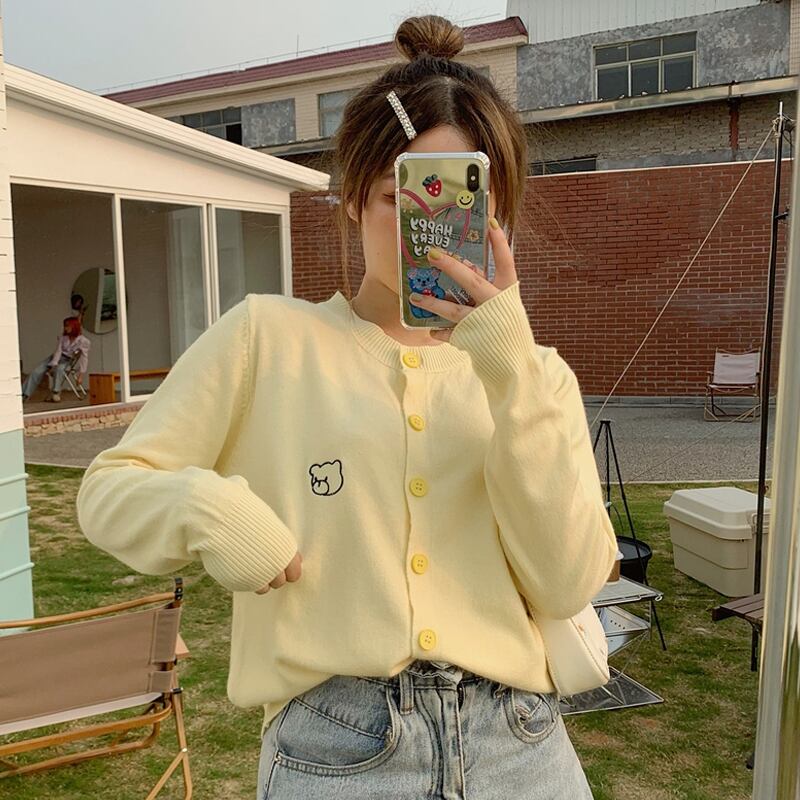 イエローニットカーディガンジャケット スプリングオータムスタイル 春物 秋物 試着室23459210465