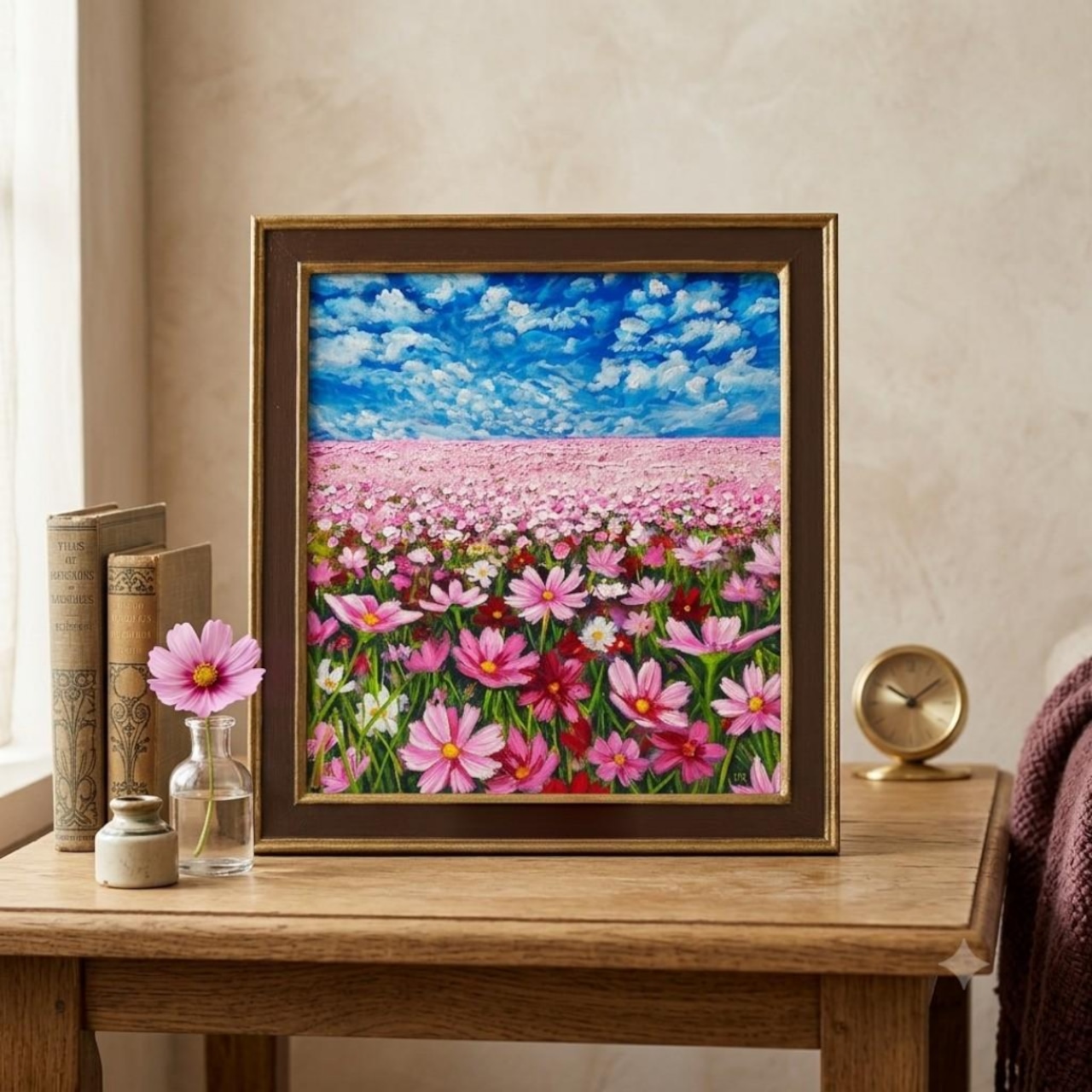 油絵 コスモスの花 花束 額縁 油絵・原画】雲流れる秋空のパレット（額付き・ギフトラッピング無料
