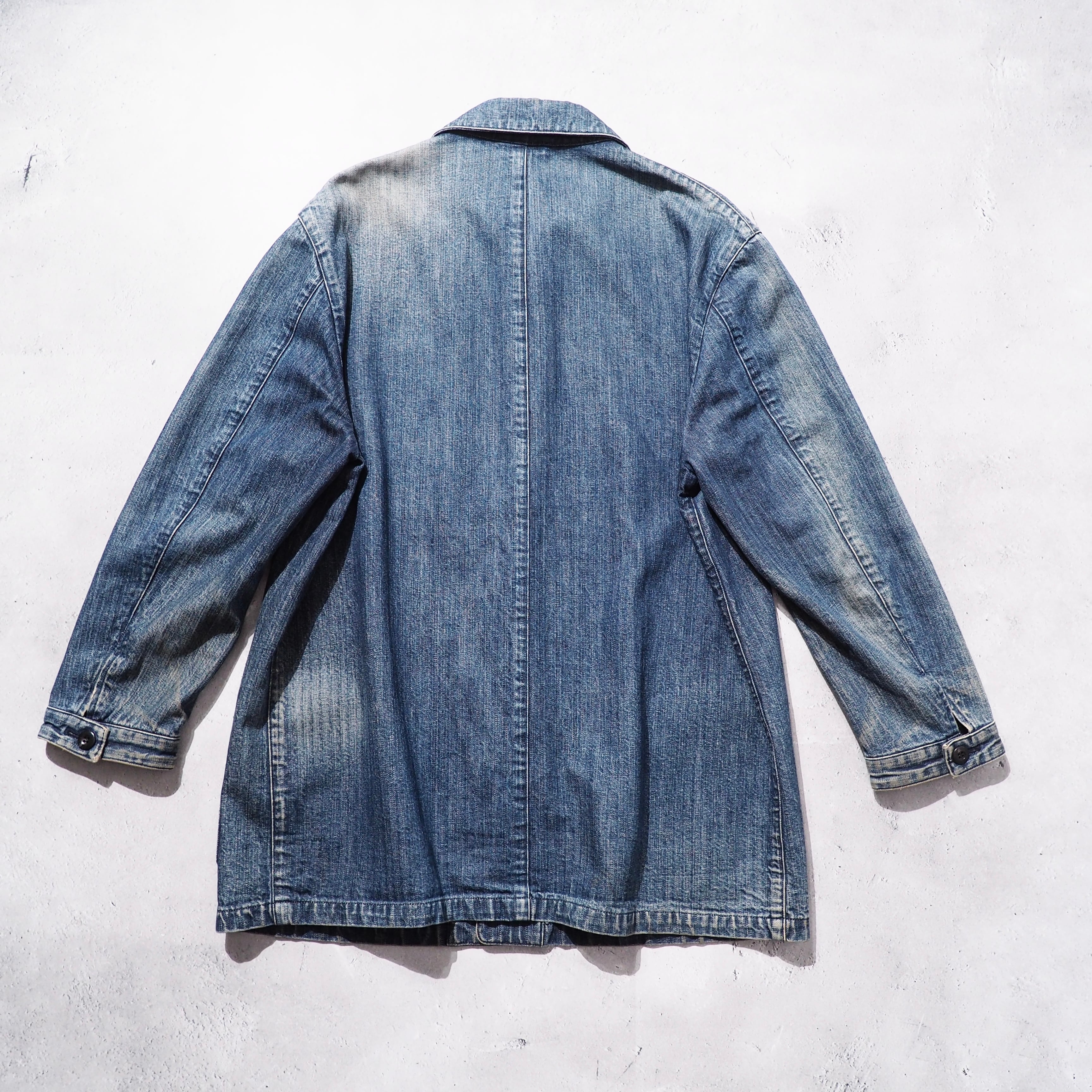1990s " New Yorker " Beautiful Aging Indigo Denim vintage Cover All jacket