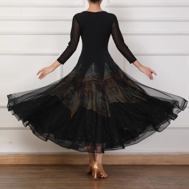 シースルースリーブ ミモレフレア ラウンドネック ダンスドレス ds1434