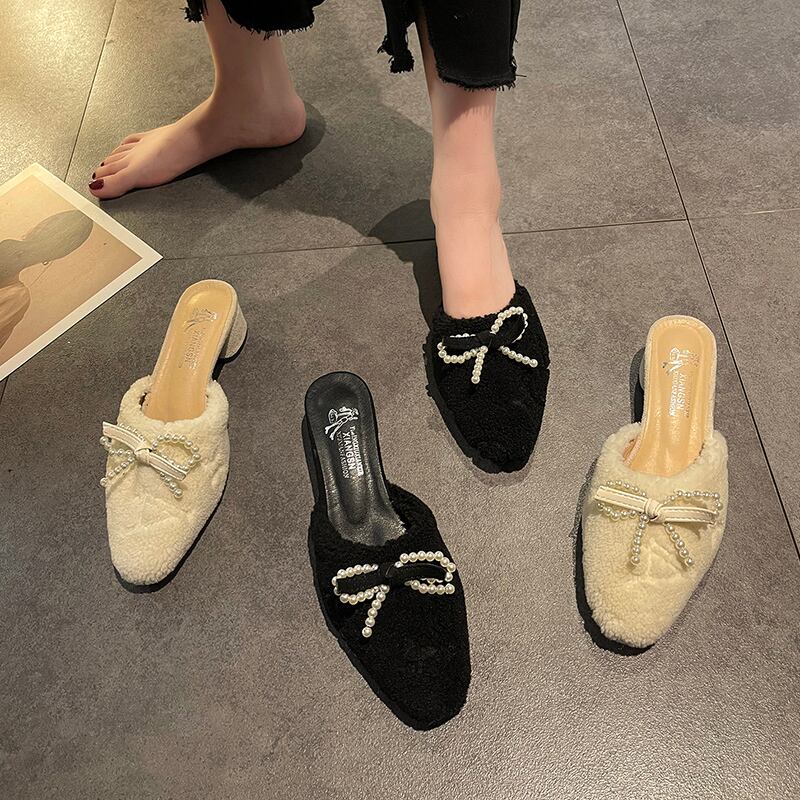 ミュールスプリングオータムパールリボンレッドサンダル 靴 シューズ 春物 秋物 真珠 部族の婦人靴70522978876