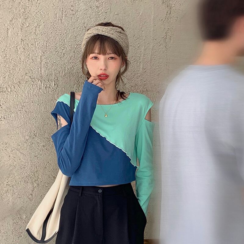 センスステッチストラップレスTシャツレディース秋ルーズ長袖ボトミングシャツ2020新しいショートインナートップ ブラックストロベリース23122519507