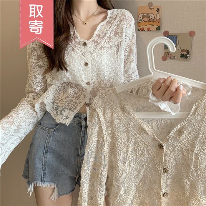 『精三巧制』レースカーディガン(M)ハンドメイド　透け編み　花柄　ラメ入り　羽織