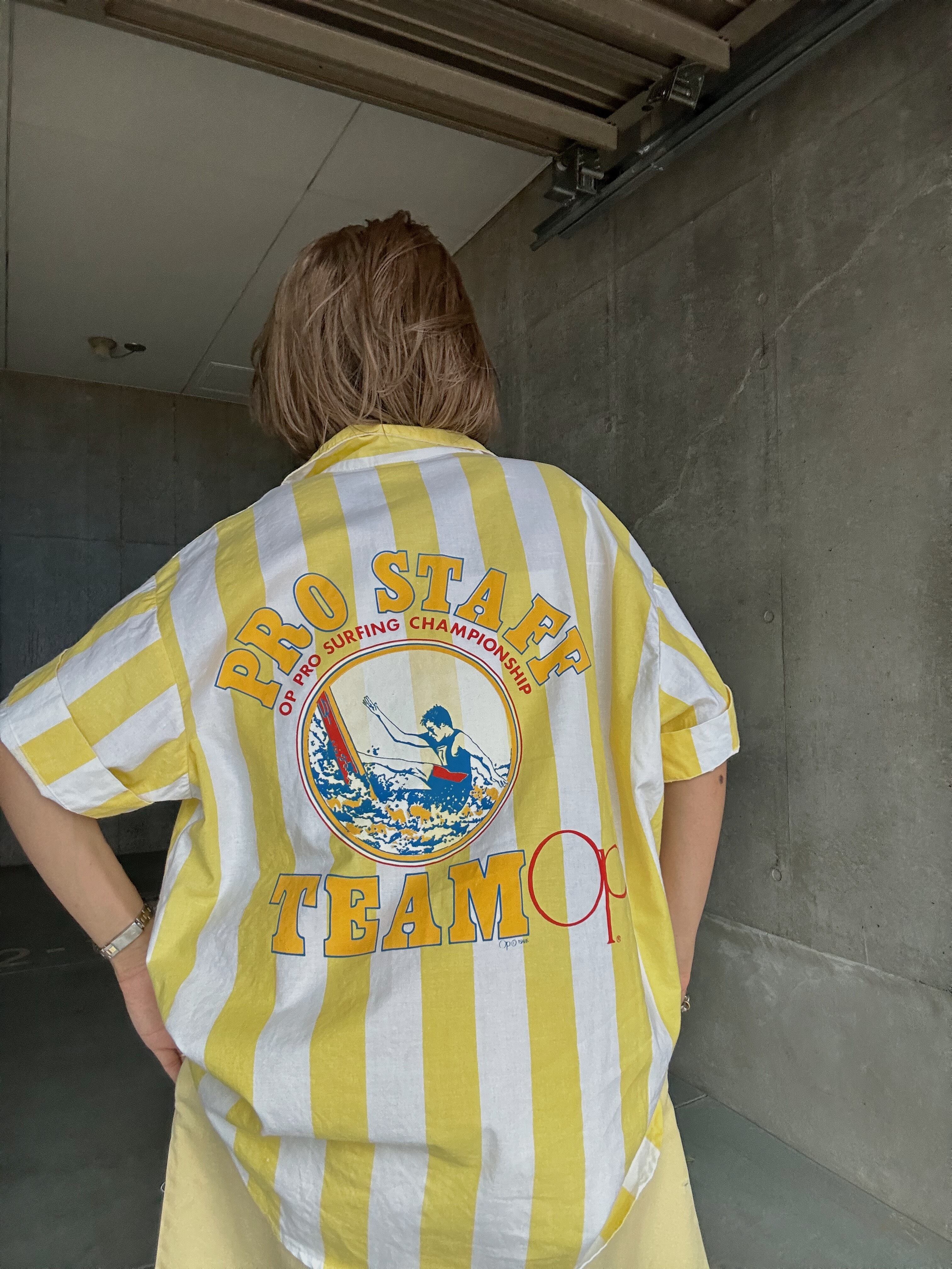 (SH1247)80’s ocean pacific back printed stripe shirt made in USA