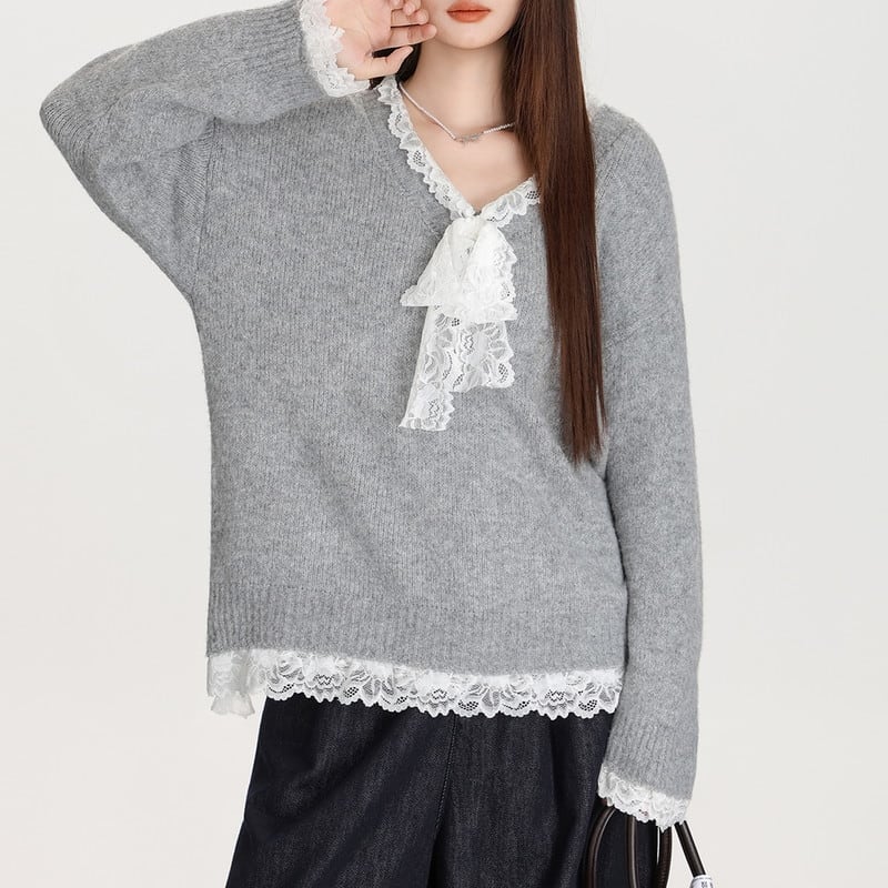 lace-ribbon v-neck long knit pullover m1323