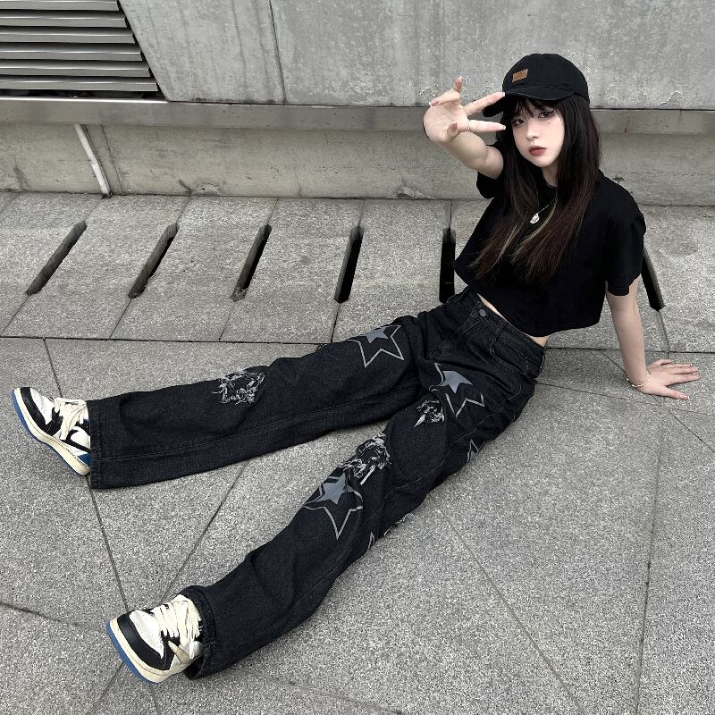 Mgjmシリーズ デニムパンツ ズボン ボトムス M L Xl 男女兼用 メンズ ブラック 黒い 星 ほし カッコいい Elegant Mgjmシリーズ デニムパンツ ズボン ボトムス M L Xl 男女兼用 メンズ ブラック 黒い 星 ほし カッコいい Elegant