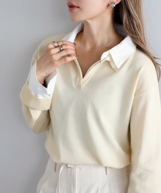 シャツ襟レイヤード風ニットトップス