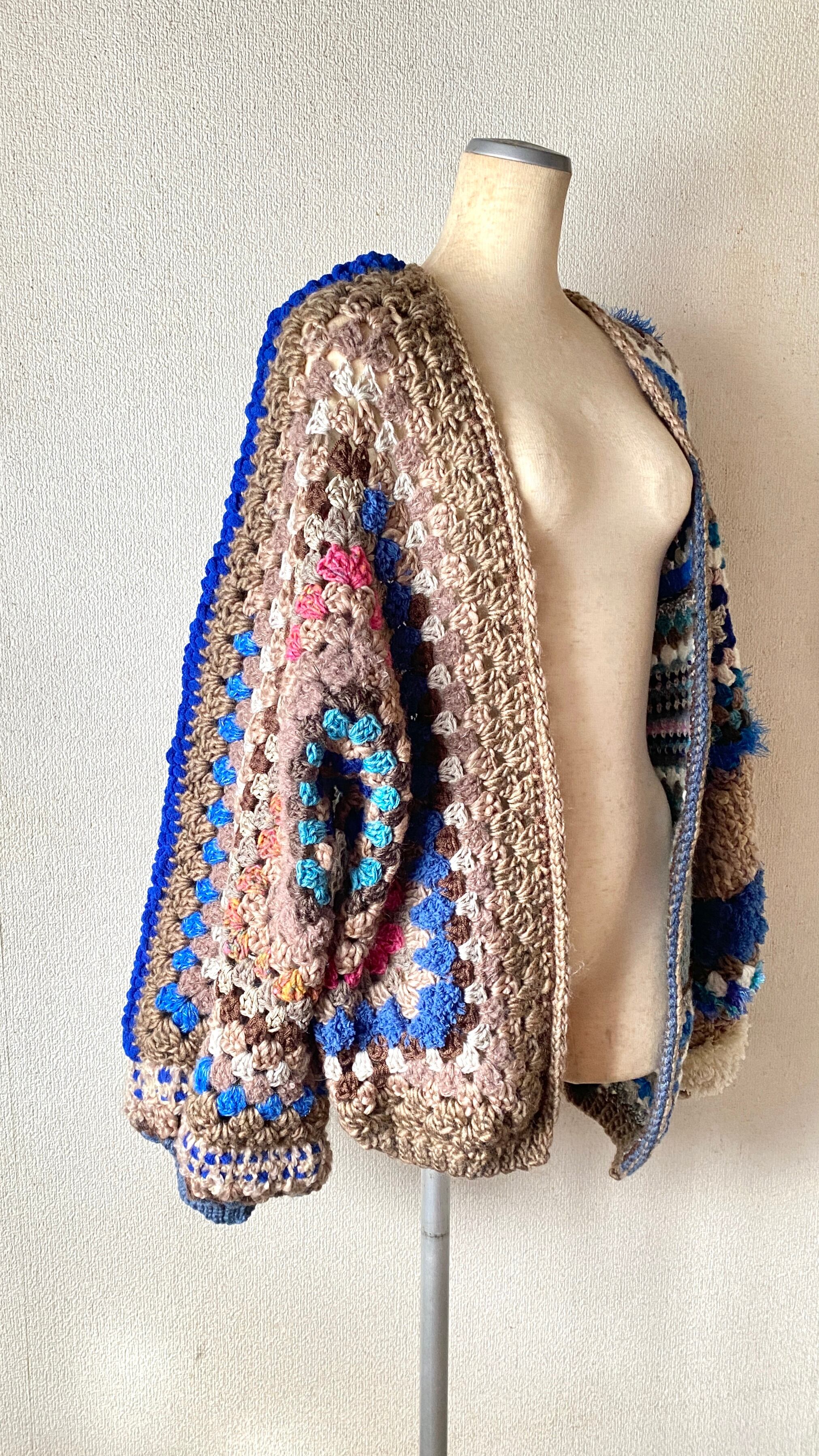 Crocheted granny hexagon and square motif asymmetrical cardigan