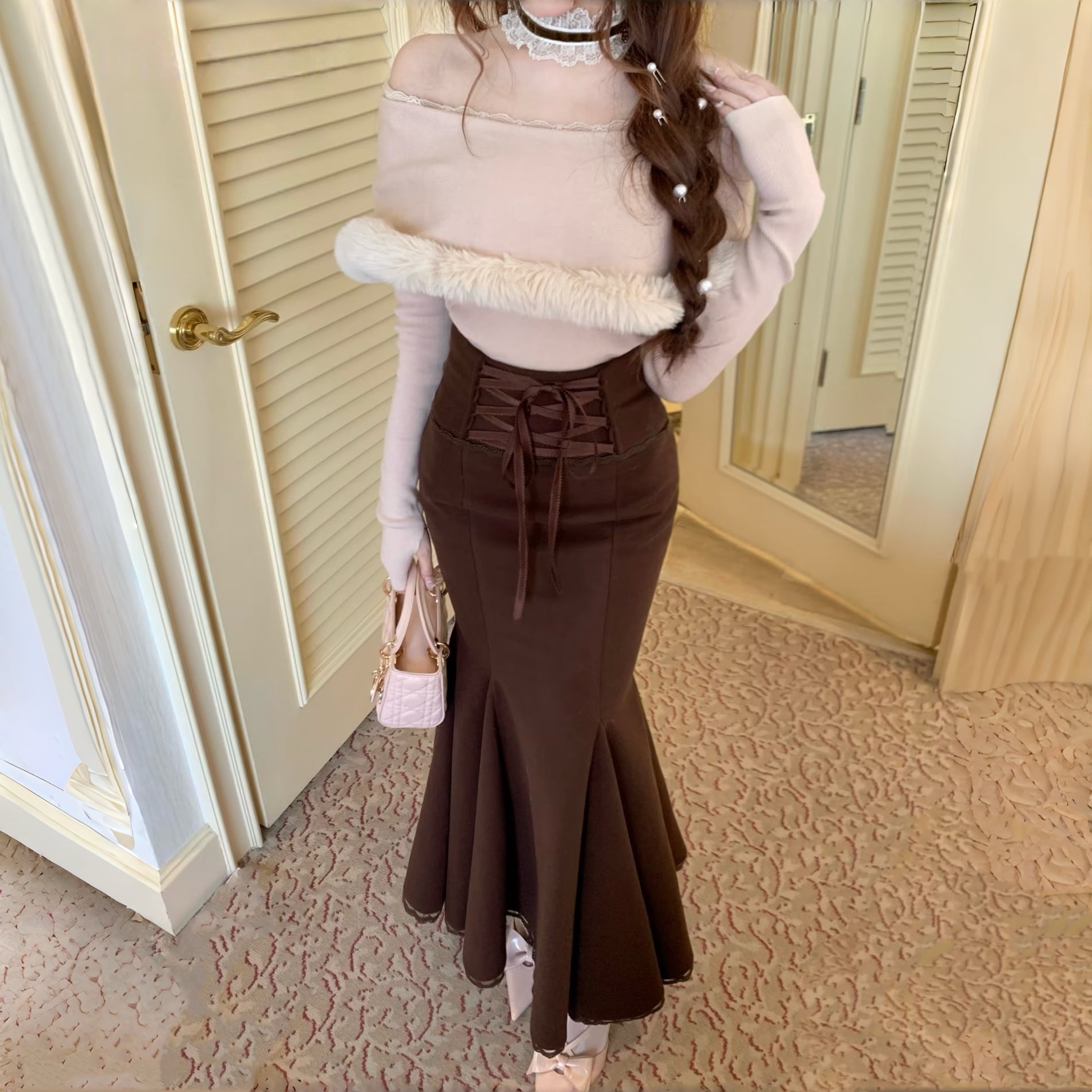 【set】ファー付きケープライクニットトップス×マーメイドスカートセット N3493