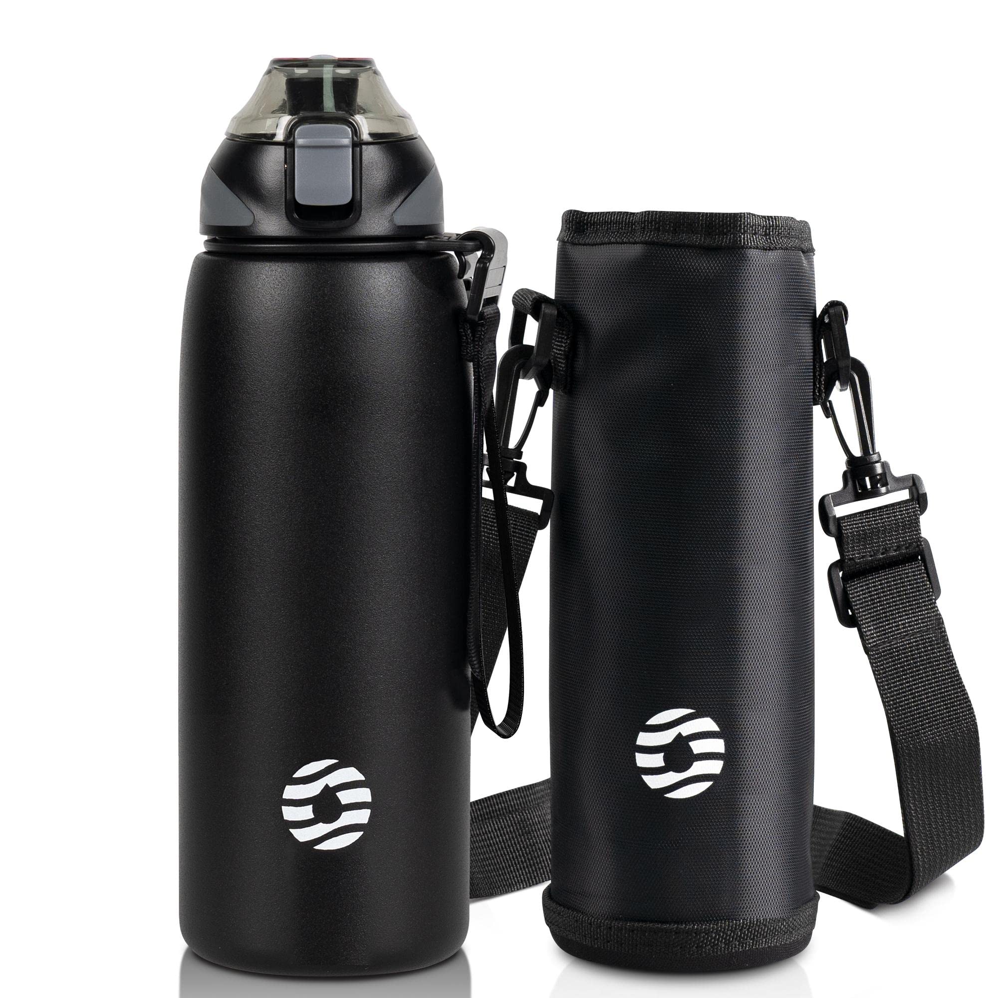 【人気】FJbottle 水筒 0.8L 真空断熱 ワンタッチ スポーツボトル 0.8リットル 保温 保冷 スポーツ飲料対応 広口 洗いやすい ステンレスボトル 水筒カバー 洗浄用スポンジ付き 女の子 男の子 おしゃれ 大人 子供 ブラック
