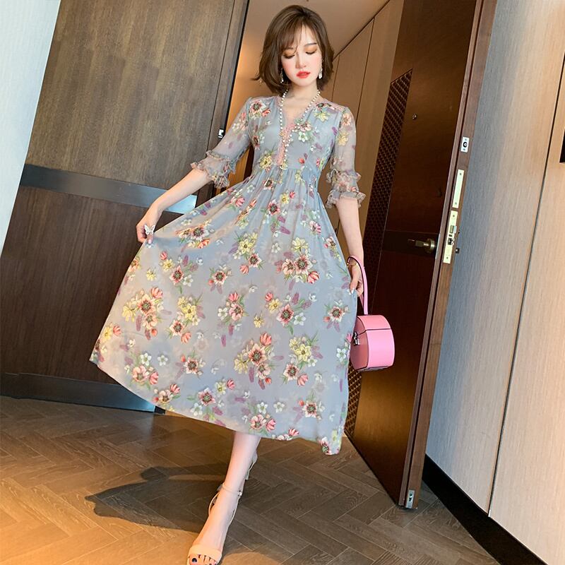 Vネックレースプリーツハイウェストウェストプリントドレス サマー 夏物 ステッチ MIUCO9059013185