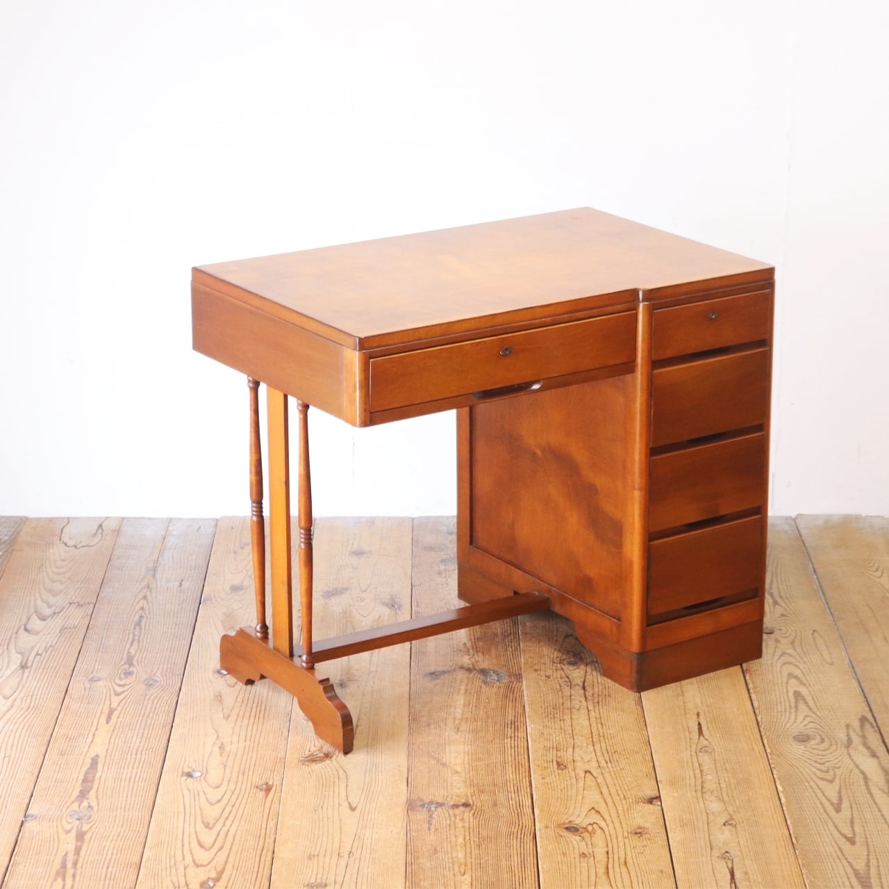 レトロ 片袖デスク 机 書斎 作業台 引き出し 抽斗 5杯 木製 古道具 ヴィンテージ/PKT25161